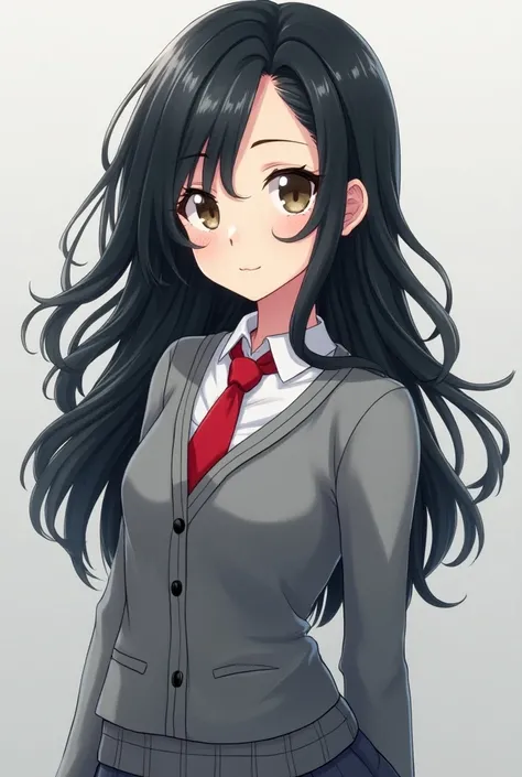 style:  Boku no Hero Academia, beautiful woman,  black wavy hair with white tufts of light brown eyes and uniform of the U.A gray sweater , White shirt, red tie, gray skirt