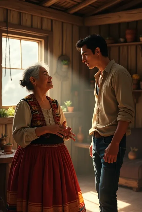 Image of a lady who wears a Bolivian skirt the lady looks very old and is telling a story to a very handsome young man who wears a shirt and jeans in a rustic house 