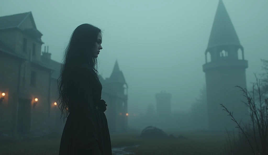 hard fog, dark ambient, gothic elements, sad woman with long hair