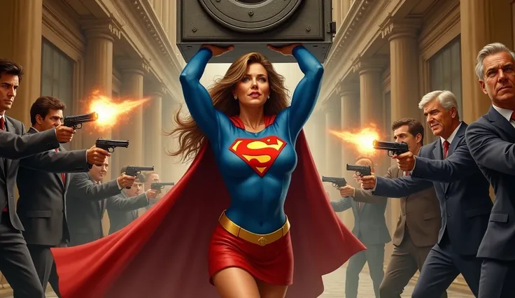 Thugs shooting at Supergirl 1980s custom ((( 60 years old ; huge breasts;  brown hair with some white threads))), preventing a robbery ,  raising a giant safe above her head, inside a New York bank ;  fire bullets slipping through Supergirls chest