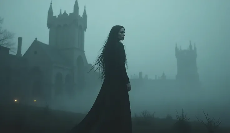 hard fog, dark ambient, gothic elements, sad woman with long hair