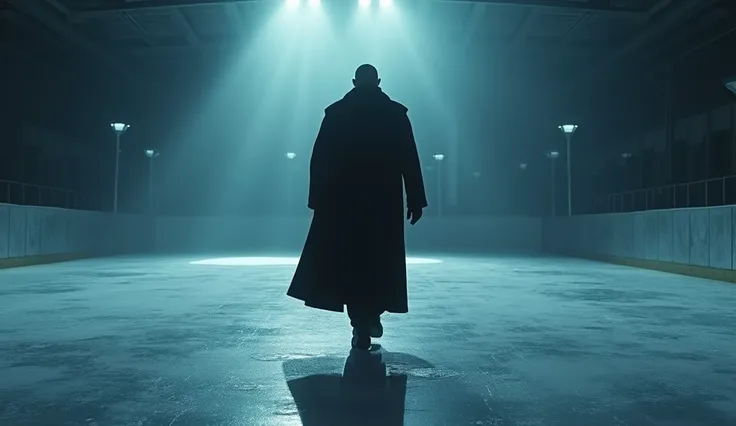 Dramatic shot of Easton Black, tall and brooding in a dark overcoat, walking toward the rink, with deep shadows and glowing ice reflections.