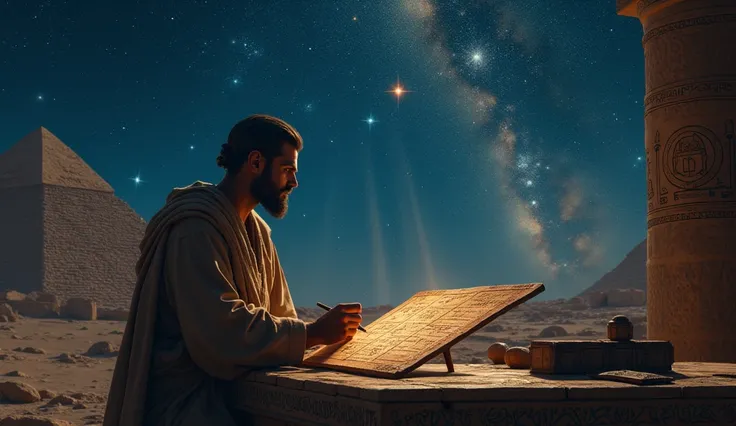 

" Create a realistic image depicting astrology and astronomy in ancient Mesopotamia .  The scene must show a Babylonian astronomer at an outdoor observatory , Observing the starry night sky.  Include a clay tablet annotated with constellations and planet...