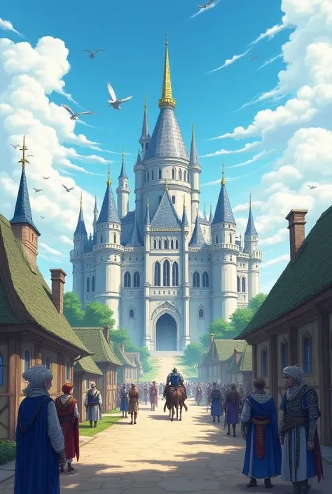 Manga style,with a little manwah style, kingdom, castle silver with gold triming, birds flying, sky cloudy, horse carriage and villagers with knights