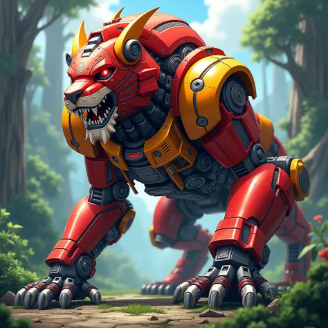  Draw a robot lion like a Megazord in its animal form, red and yellow colors, robotized, jungle background, art style by Yugioh .