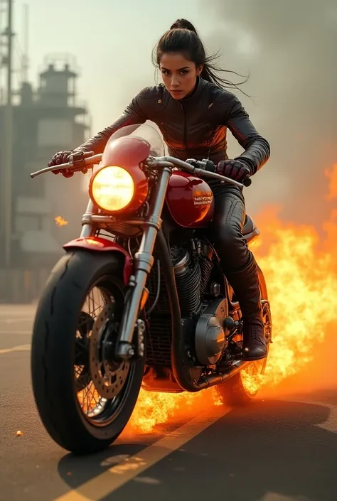 Girl riding a burning race bike

