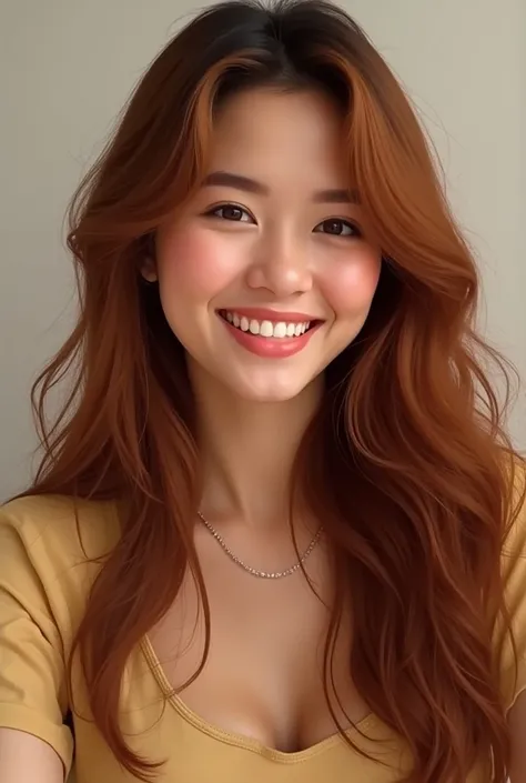 Filipina woman with long wavy auburn hair, smiling at the front, wearing casual clothes, portrait