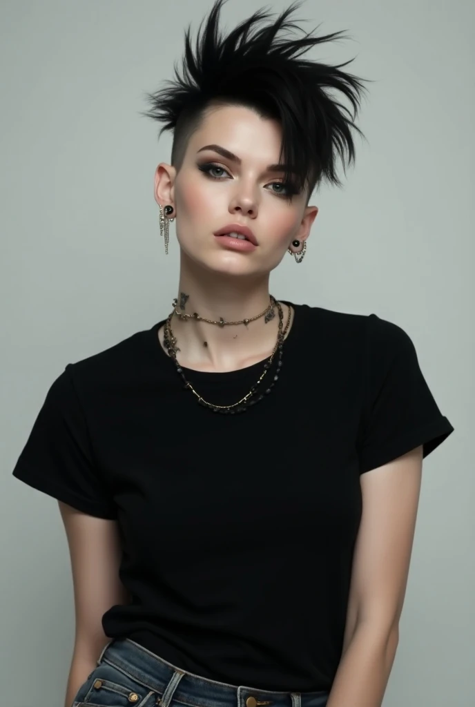 A 30-year-old white-skinned young woman , with ultra short black hair undercut combed like a tuft back ,  with ear piercings and clothes like a black shirt and jeans and a more masculine way 