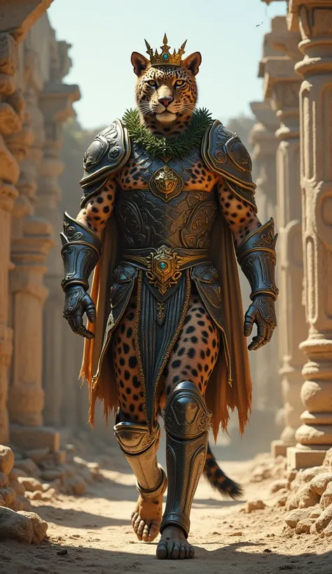 An agile leopard king in a human body, with a crown, in iron armor and a laurel wreath, running through ancient ruins. (Ultrarealistic, powerful, large, full body)