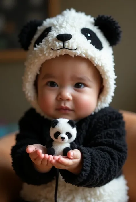 Create a hyper-realistic image of a 9-month-old baby wearing a detailed panda costume, positioned sideways in the image, with one arm outstretched and the palm of their hand gently holding a tiny, lifelike miniature panda. The baby’s costume is soft and te...