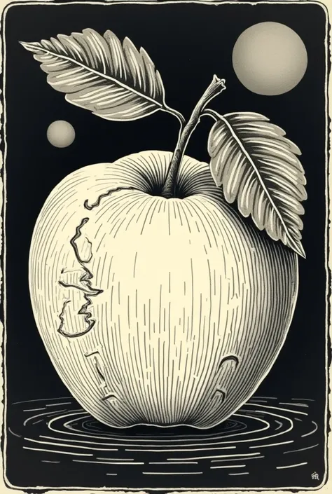 A striking graphic illustration features a large apple as its central element, positioned slightly to the right of center against a dark background. The apple is depicted with intricate details, including its curved shape, pointed stem extending upwards ou...