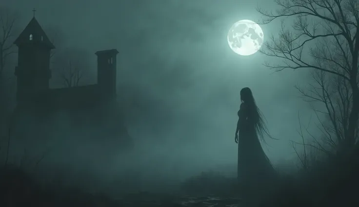 hard fog, dark ambient, gothic elements, sad woman with long hair, full moon