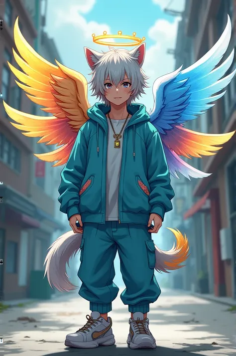  boy with 6 wings whose wings are white, yellow, , each wing in a different color a wing like an angel and the other type of an anime-style demon with a modern cyan hip hop outfit with a tail and ears like a snow leopard with 4 eyes with claw marks on the ...