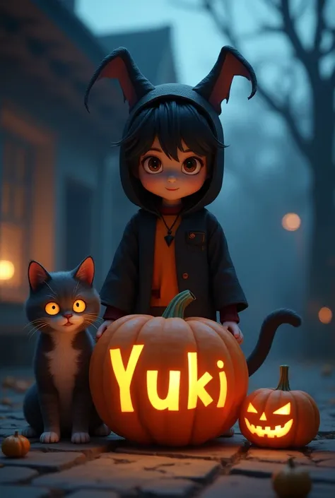 A 3d anime boy, had a scary costume, cool background, had a cat with a costume, have a jack o lantern, with a name on his costume "Yuki" with a big font