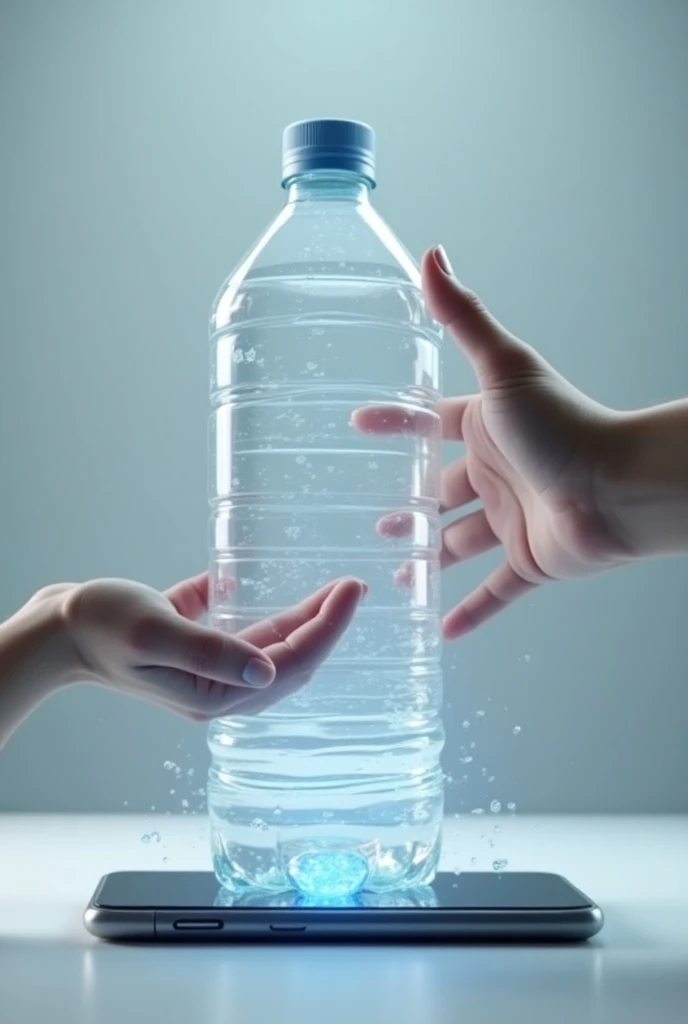 A large 19-liter water dispenser bottle is being passed through a smartphone screen, symbolizing a seamless online delivery service. The bottle is transparent and glossy, capturing light to emphasize its size and purity. A hand reaches from the phone’s scr...