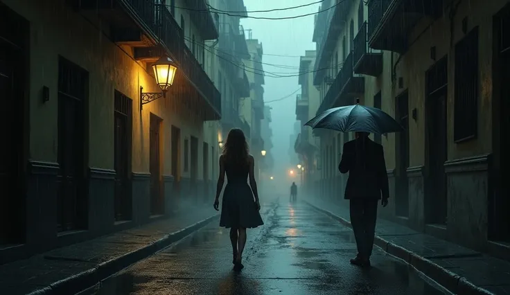  A deserted and VERY rainy street in Mexico City under the dim light of a lantern,  a female figure is seen with her back walking in the rain , wearing a dark gray dress ,  while a man under an umbrella watches her from a safe distance .  The shadows of ta...