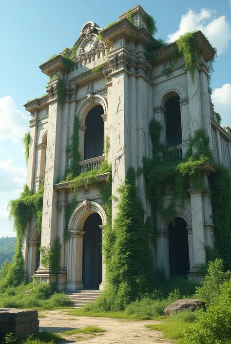 On a sunny day, the huge white gypsum old half-destroyed building was overgrown with greenery and vines