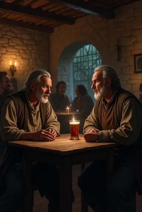 Two villagers talking in a tavern 