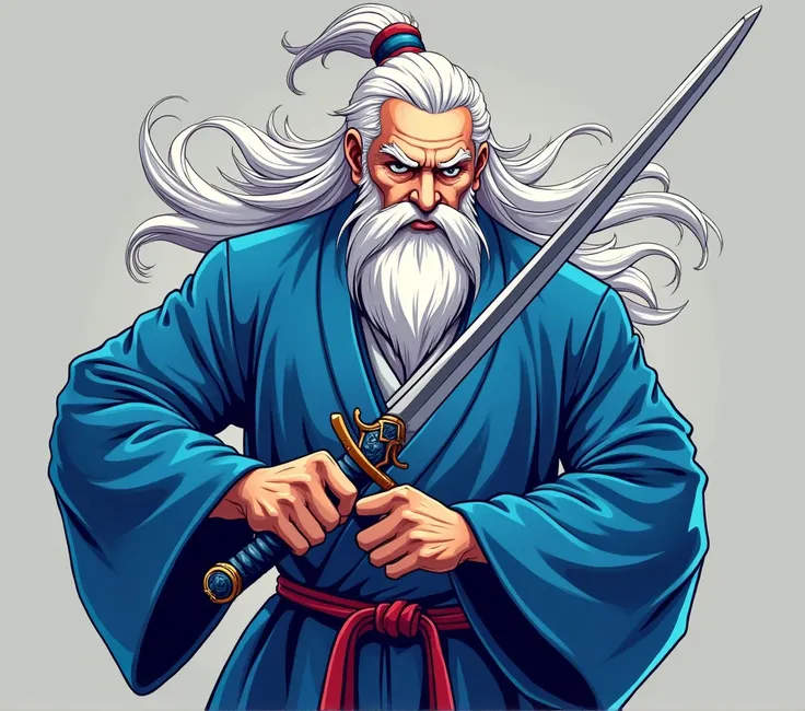 a gaming team logo, a taoist, white haired man, blue suit and using a sword, written Tenshins in the image