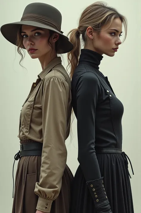 Create an image of two women together in profile but looking at the front ,back to back, one who is dressed in old clothes and the other in current clothes that look like for a magazine cover 