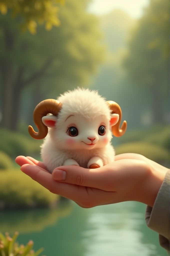 A close up of a small ram being gently held by a human hand. He is very small, e fofo. The background is blurred with a forest and a pond behind it., disney, Pixar 