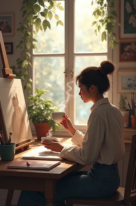 artist sitting in a café ,  surrounded by canvases and notebooks, with a cup of coffee in hand.