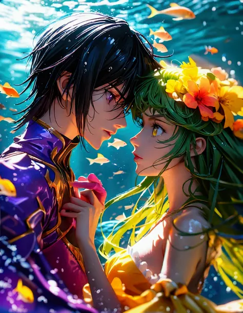 a high quality, best quality, 4k, 8k, hyperdetailed, extremely detailed, masterpiece, photorealistic, physically-based rendering, sharp focus, vivid colors, anime, anime couple, man with short black hair, purple eyes, woman with long green hair, yellow eye...