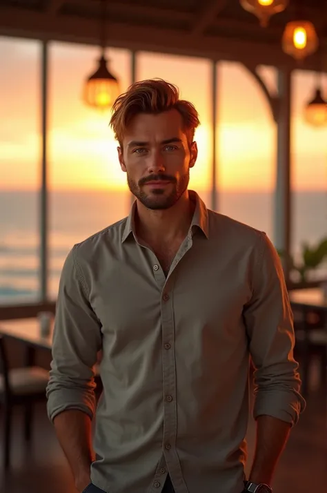 American man,  green eyes with short blond brown hair , side hairstyle, cuerpo completo, calm and penetrating gaze, sonrisa grande, stopped,  looking at the camera , light beard, casual dress, button up shirt with dress pants ,  background in the restauran...