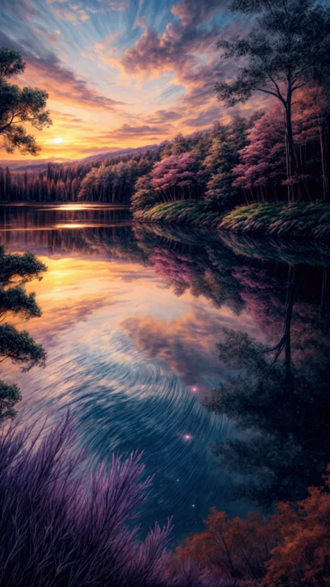 A hyper-realistic, serene, fantastical landscape at sunset. The sky is bathed in soft, glowing hues of orange, pink, and purple, with the sun casting a warm, golden light over the scene. A calm, crystal-clear lake in the foreground perfectly reflects the c...