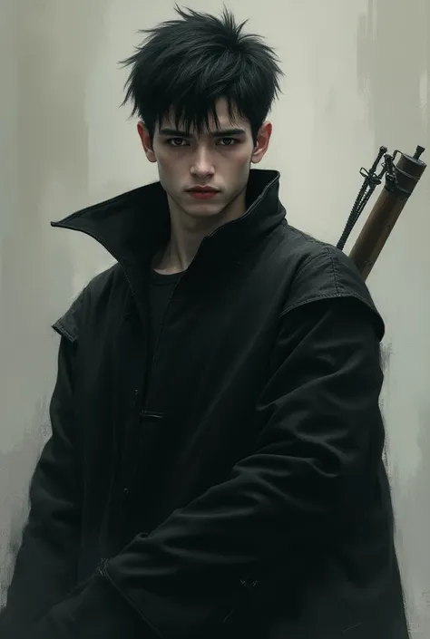  Imagine a male character, black hair, man, white skin, Young, dark clothes, piercing gaze, thin, high, So a crossbow ,  short stubby hair , slender