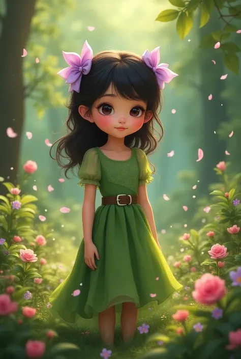  girl, black, With bows in her hair lilac , green dress,  in the woods with flowers around it