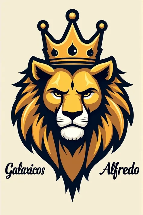  Design me a t-shirt that has a small image of the face of a golden lion in the upper center.  The Lion wears a crown with the peaks of the crown in the shape of bowling pins . It has the words  "Galaxicos "  in small on the right and  "alfredo"  in small ...