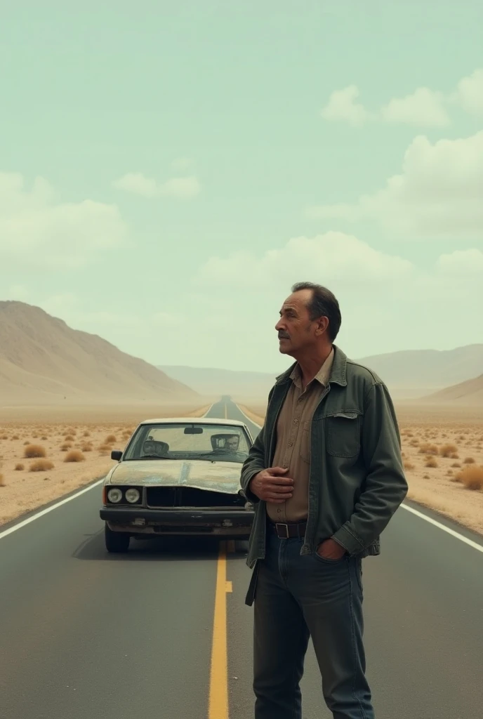 A man with his hand around his waist looking sideways with his broken car in the middle of a deserted road 