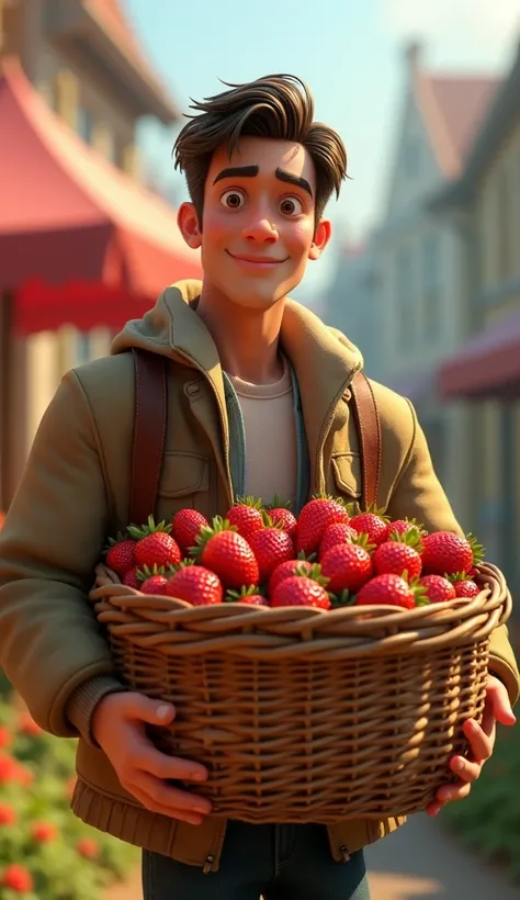 a 30-year-old man dressed in a jacket, with a basket full of strawberries in the style of 3D animated characters stylized in Pixar style, with detailed skin and textures, rendered in 8K with cinematic lighting.