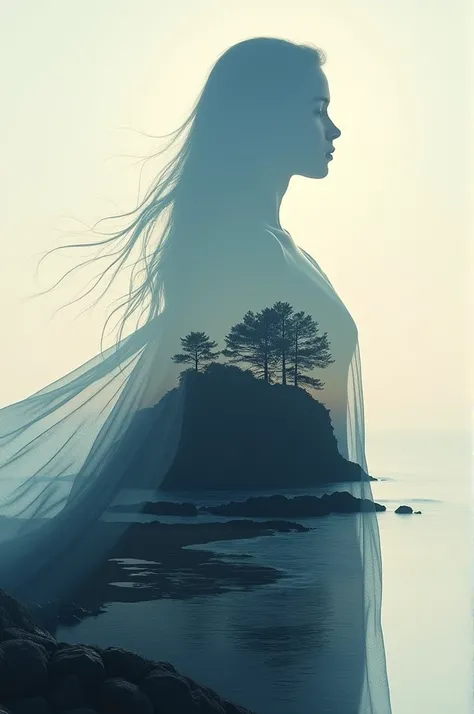 High quality, 8K ultra HD, Una hermosa double exposure que combina una silueta de diosa con la costa al atardecer,  the coast at dusk should serve as a backdrop , with its details incorporated into the goddess, sharp lines, The background is monochrome,  s...