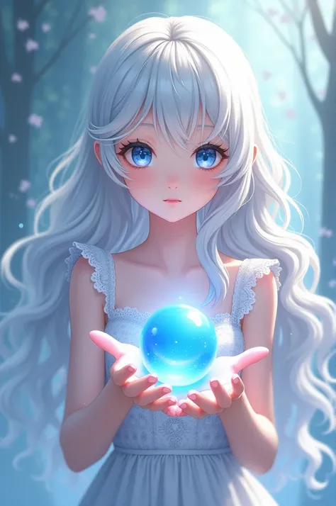 Beautiful anime manga baby with long wavy white-haired hair
, white dress  ,  holding a blue pearl showing it to the viewer