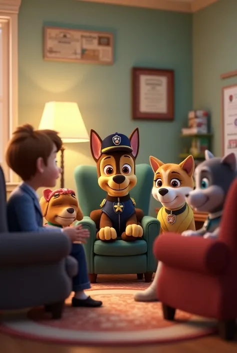 Paw patrol in a psychologists office in front of the psychologist 