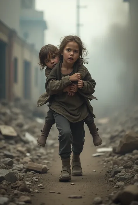 A girl is carrying a younger brother and he is injured on her back, fleeing shelling and destruction with smoke