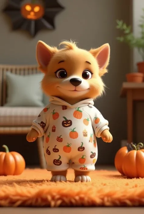 Pixar-style 3D rendering of a cute dog in a white jumpsuit with halloween pumpkin design. The dog is standing on its hind legs. The background is a cozy living room, with halloween decorations with a soft rug.