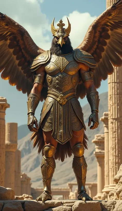 A powerful falcon king in a human body, with a golden crown and bronze armor, flying over ancient Greek columns (Ultrarealistic, powerful, large, full body) Hawk face