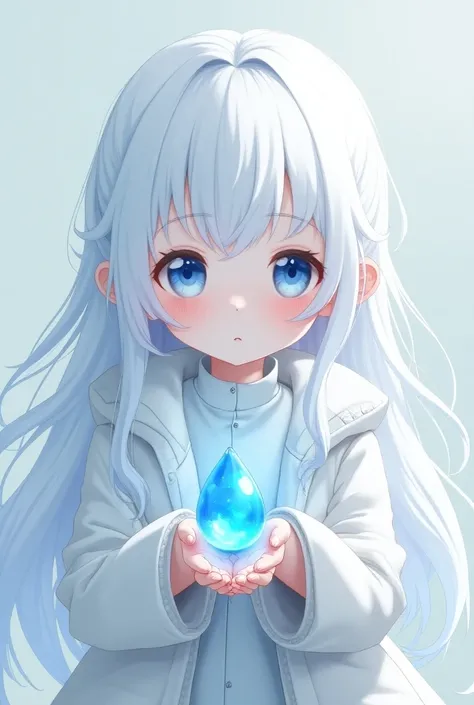  Baby anime manga with long wavy white-haired hair, white coat ,  holding a blue pearl showing it to the viewer