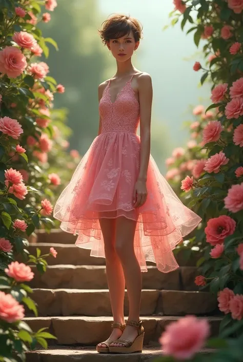 Draw a very short 17-year-old light-brown haired boy wearing a pink lace dress shoulder to shoulder, wedge sandal standing on a flowery garden staircase