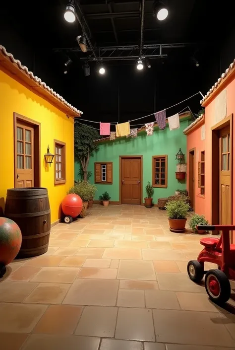  A photograph from a comedy television series from the 1970s , a setting of a village with a colored wall  , Door and brown in every house a closed television studio with lights an entire false scenario colored walls and brown doors in every house a barrel...