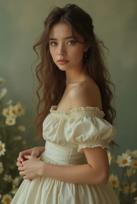 woman, 18 years old, brown hair, green eyes, simple old dress.