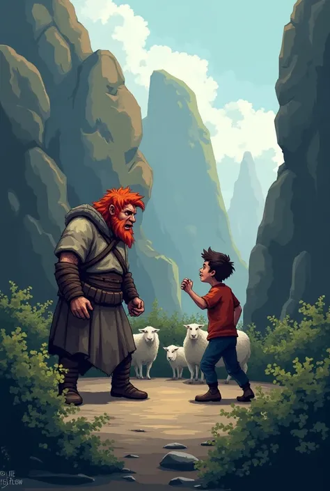 Make me an image with some shrubs and big rocks and a red-haired shepherd and a very angry boy make me this pixel image