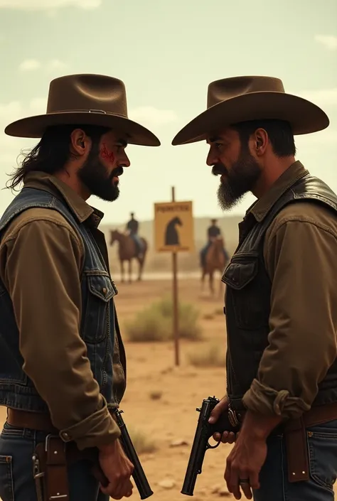  Two men from the Old West ,  looking face to face ,  with a gun in their hands , and with hats ,  one of them bleeding with a wanted sign in the background and horses. On the hat of one of them it says  "AlerGod " and in the other "Pertussi "