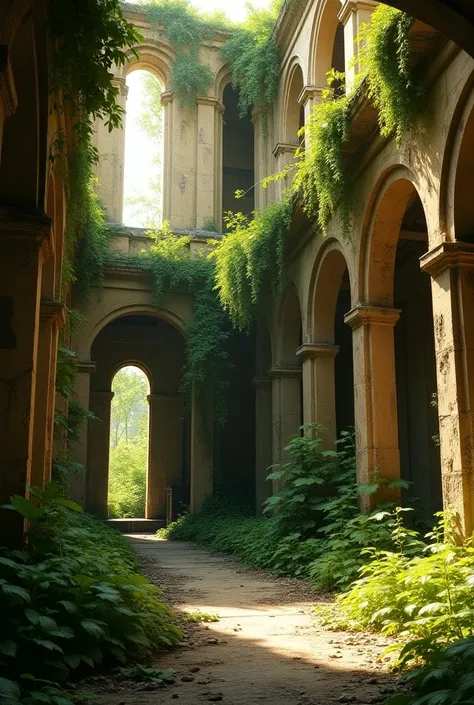 On a sunny day, a white gypsum old building, half destroyed in the antique style, shown from the inside. Everything is overgrown with many green vines and lots of sunlight