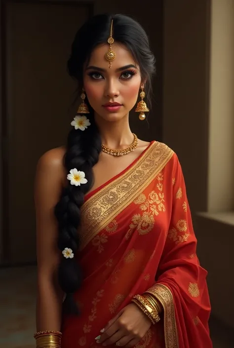 Creates an image of an elegant Indian woman dressed in a traditional, sexy and vibrant sari. The fabric of the sari has rich colors, deep reds and golds, and is adorned with intricate floral and paisley patterns. She has dark, shiny hair styled in a braid,...