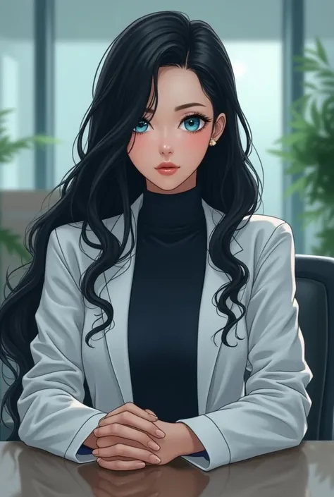 (absurdities,  High resolution , ultra detalhado, manhwa, realism, woman HIGH QUALITY), 1 woman,adult, (((Madura))), slender body,  long wavy hair long back length,black hair, * vibrant blue eyes* soft and gentle features ,  full and velvety lips , elegant...