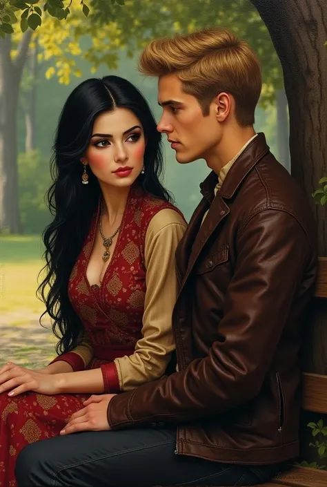 Create a woman with Turkish phenotypes with black hair with small and brown eyes, thick eyebrows and Turkish clothing. ,  medium nose and fleshy mouth and a man with blond hair with short hair and brown eyes with a leather jacket the man must have a round ...